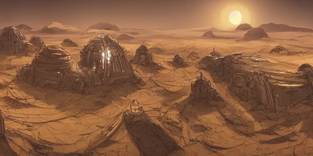 Image similar to dune city and temples of arrakis, arrakeen, arab ar architectural and brutalism and gigantism, from frank herbert novels, composition idea concept art for movies, style of denis villeneuve and greg fraiser