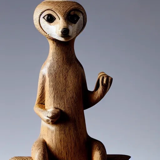 Prompt: symmetrical wood sculpture of a meercat with intricate pattern carvings