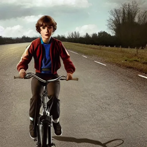 Image similar to eleven from stranger things riding a bike