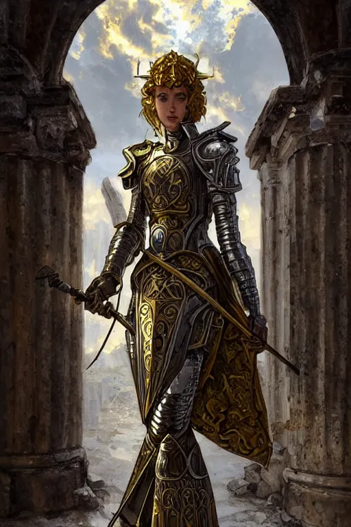 Image similar to portrait knights of Zodiac girl, metallic Silver and ice color reflected armor, in ruined Agora of Athens, ssci-fi, fantasy, intricate, very very beautiful, elegant, golden light, highly detailed, digital painting, artstation, concept art, smooth, sharp focus, illustration, art by art by artgerm and greg rutkowski and alphonse mucha and loish and WLOP