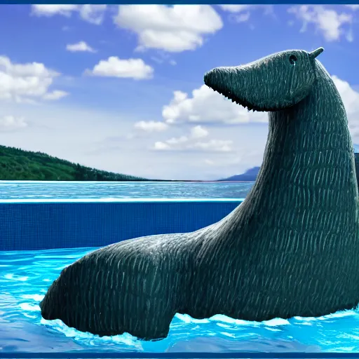 Prompt: Loch ness monster in a swimming pool, highly detailed, 8k