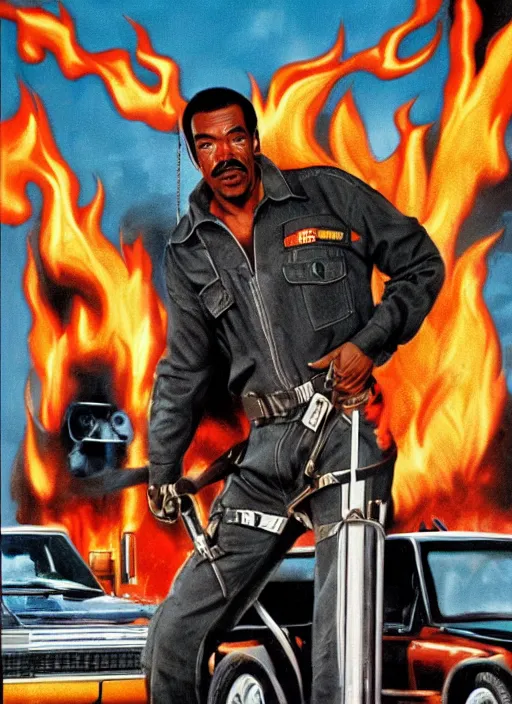 Prompt: an 8 0's action movie poster starring eddie murphy as a plumber to rich people. he's in a large bathroom. overalls. toliet shooting flames in the background tool belt. in the art style of stephen bliss. the movie is titled beverly hills crap