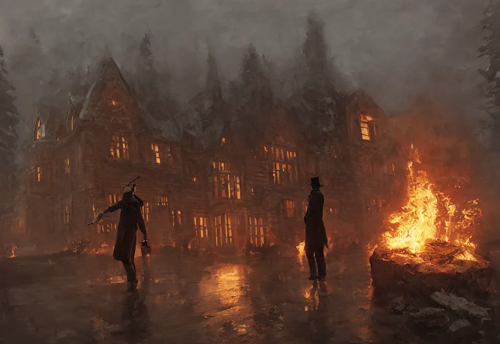 Prompt: a man in trench coat holding a flaming molotov cocktail in his hand, standing in front of a huge wooden manor, artstation, jakub rozalski, high detail