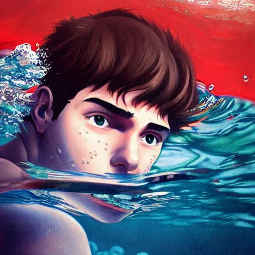 Image similar to painting of an underwater selfie from a brown haired male lifeguard. Kuvshinov ilya. Sakimichan.