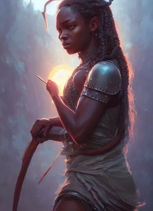 Image similar to highly detailed portrait of protagonist from elden ring, brown skin, adventure game, d & d, fantasy art by greg rutkowski, stanley artgerm, loish, rhads, tom bagshaw, global illumination, radiant light, detailed and intricate environment