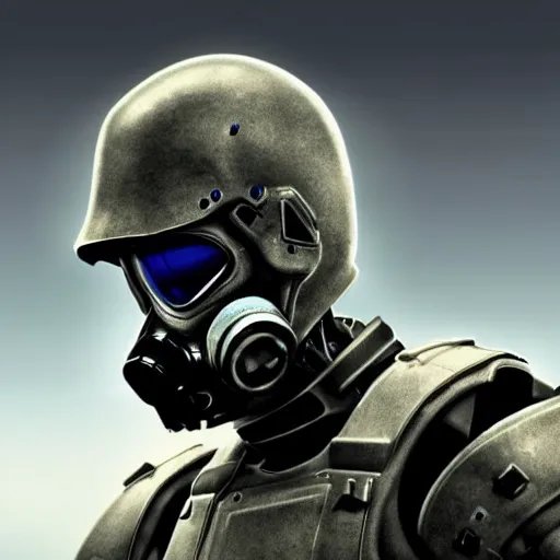 Image similar to a award winning action upper body portrait of nuke zombie with a breathing mask while wearing futuristic bodyarmor and pauldrons, outrun, vaporware, highly detailed, fine detail, intricate