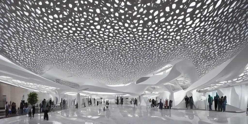 Image similar to extremely detailed ornate stunning beautiful elegant futuristic museum lobby interior by Zaha Hadid