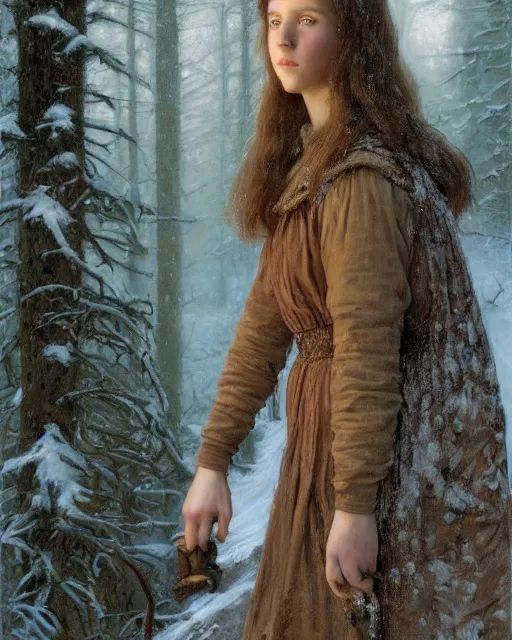 Image similar to a well - lit, realistic portrait painting of a thoughtful girl resembling a young, shy, redheaded irish alicia vikander or millie bobby brown wearing peasant dress in a deep snow - covered forest at dusk, highly detailed, intricate, concept art, artstation, by donato giancola, ron cobb, and william adolphe bouguereau