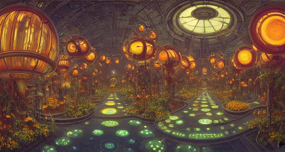 Image similar to fish eye lens a bright minimalist bioluminescent oil painting by donato giancola, warm coloured, cinematic scifi luxurious futuristic foggy steam filled victorian garden mall interior with microscopy radial windows flowers growing out of pretty bulbous ceramic fountains, gigantic pillars and flowers, maschinen krieger, beeple, star trek, star wars, ilm, atmospheric perspective