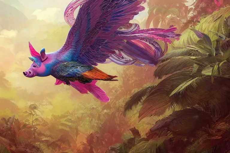 Image similar to a pig with rainbow feathered wings, flying above a tropical forest, HD, illustration, epic, D&D, fantasy, intricate, elegant, highly detailed, digital painting, artstation, concept art, smooth, sharp focus, illustration, wallpaper, art by artgerm and greg rutkowski and alphonse mucha and jin xiaodi and anthony devine