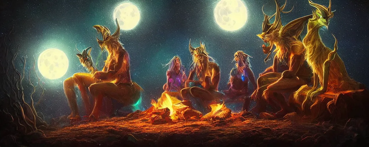 Image similar to uncanny!!! bifrost!!! mythical beasts of sitting around a fire under a full moon at bifrost, surreal dark uncanny painting by ronny khalil