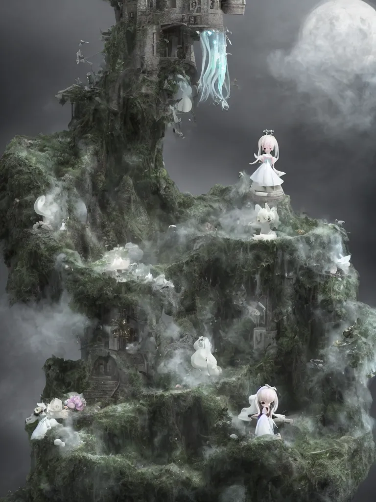 Image similar to cute fumo plush of a princess girl in a tower on a tiny island which she lays sole claim to, selfish empress of the abyss, tempestuous waters, wisps of volumetric smoke and fog, gothic wraith maiden in tattered white dress, floating island, vignette, vray