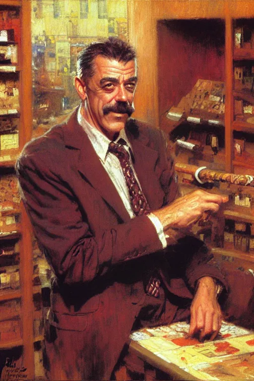 Image similar to j jonah jameson picking out cigars painting by gaston bussiere, craig mullins