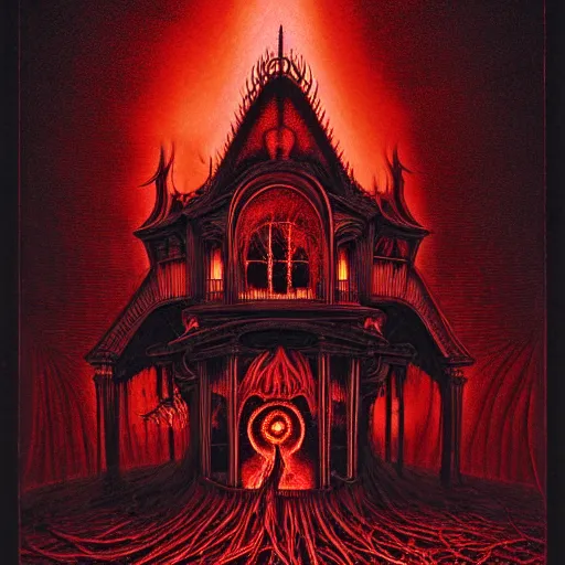 Prompt: strange horror house by junji ito, hugh ferriss, lee madgwick, alex grey and gustave dore ; spiralled blood red and smoke black art nouveau architecture ; in the style of gothic art. wes benscoter. imposing, evil, biblical hell.