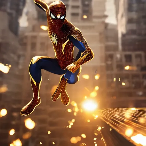 Image similar to gold spider - man suit with black web lining, cinematic, volumetric lighting, realistic, hyperdetailed, photorealistic, photograph