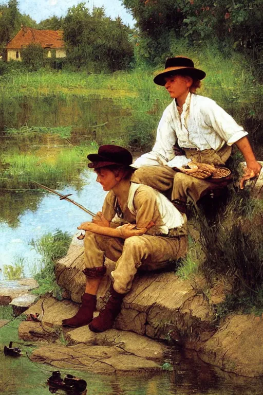 Image similar to huckleberry finn and tom sawyer sit by the river and fish, norman rockwell, victor Nizovtsev, bouguereau