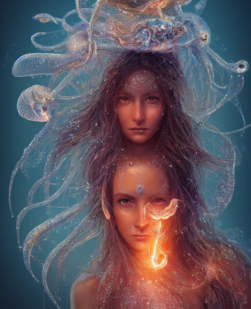 Image similar to close-up macro portrait of the face of a beautiful princess, epic angle and pose, symmetrical artwork, 3d with depth of field, blurred background, cybernetic jellyfish female face skull phoenix bird, translucent, nautilus, energy flows of water and fire. a highly detailed epic cinematic concept art CG render. made in Maya, Blender and Photoshop, octane render, excellent composition, cinematic dystopian brutalist atmosphere, dynamic dramatic cinematic lighting, aesthetic, very inspirational, arthouse. y Greg Rutkowski, Ilya Kuvshinov, WLOP, Stanley Artgerm Lau, Ruan Jia and Fenghua Zhong