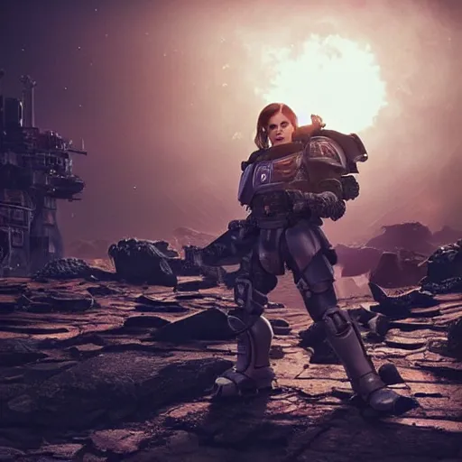 Image similar to emma watson in action as a space marine. cast shadows. solar punk aesthetic. hayao miyazaki colors. photorealistic render in unreal engine.