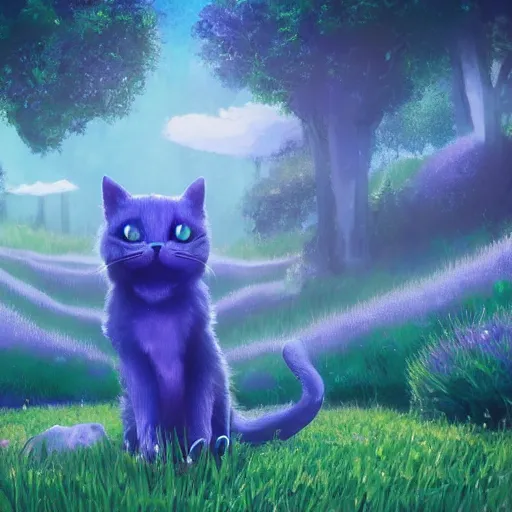 Prompt: proud successful glowing blue spirit cat in the grassy field with a forest in the background, incredibly cute giant cat anime eyes, river, lavender growing nearby, cinematic lighing, high detail concept art, epic, award winning, 8 k