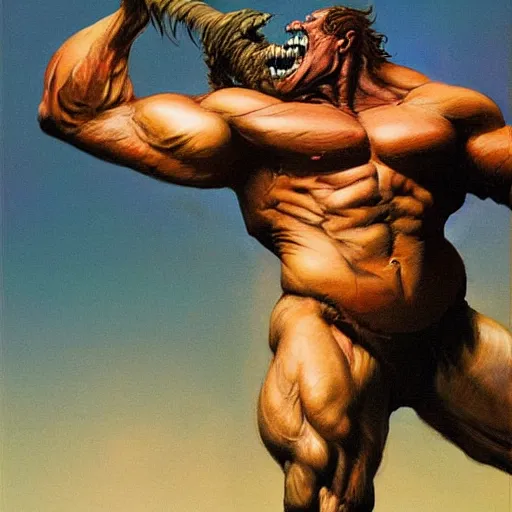 Image similar to hairy, thick muscled, overbearing, hungry, menacing, giant painted by bernie wrightson, boris vallejo, frazetta