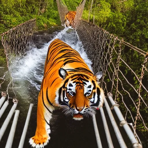 Image similar to First person view facing a tiger on a rope bridge