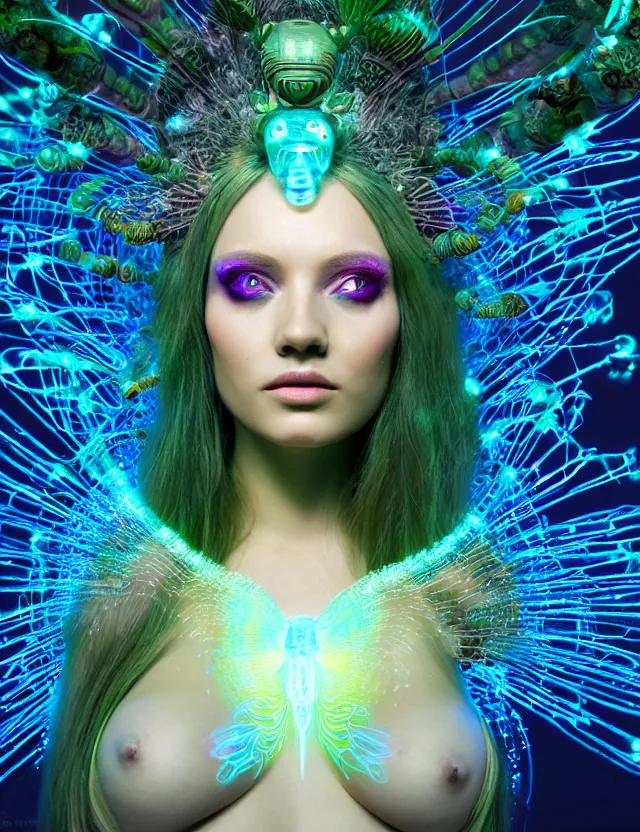 Image similar to 3 d goddess medium shot portrait with hyperdimensional mycorrhizal implants. beautiful intricately detailed avante garde bee mask and retrowave sorceress outfit. glowing bio luminescent, water, pulse projections, creature, artwork by tooth wu and wlop and android jones and beetle and greg rutkowski