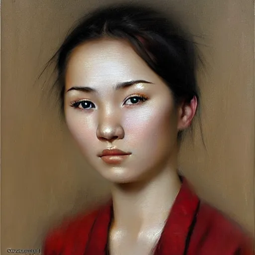 Prompt: beautiful portrait of a kazakh, ( waitress ) girl, by casey baugh,, vladimir kush!!, yasunari ikenaga, yasar vurdem, william oxer