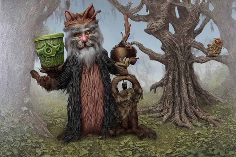 Image similar to old wizard and his forest furry creature matte painting, 3 d highly detailed, in the style of mark ryden