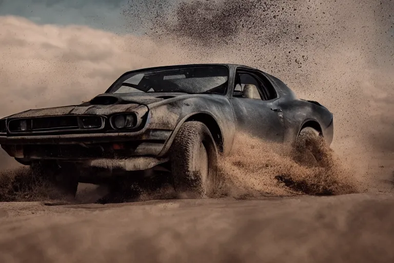 Image similar to Brian O'Connor driving his GTR in the theme of Mad Max Fury Road, XF IQ4, 150MP, 50mm, F1.4, ISO 200, 1/160s, natural light, Adobe Photoshop, Adobe Lightroom, photolab, Affinity Photo, PhotoDirector 365