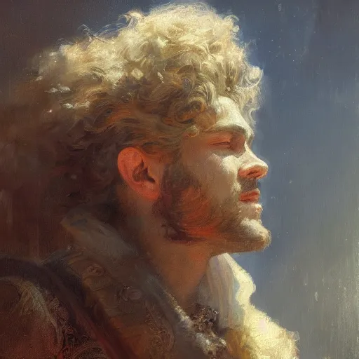 Image similar to A handsome man with a perm, painting by Gaston Bussiere and Greg Rutkowski, trending on artstation, 4k, 8k