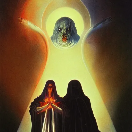 Image similar to A white robed cultist and a golden god in the darkness by Wayne Barlowe