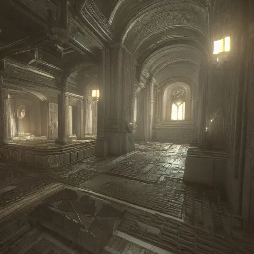 Image similar to interior architecture from quake, lovecraftian, liminal space, unreal engine 5, hyper detailed, hyper realistic