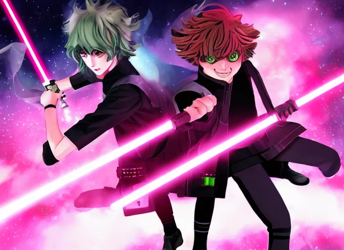 Prompt: luke skywalker beats junko enoshima from danganronpa in an epic lightsaber battle, digital art, 8 k, highly detailed, dynamic lighting, green vs pink lightsabers