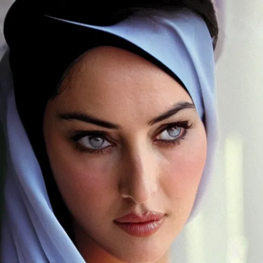 Prompt: young arab Monica Bellucci, blue eyes, white veil, closeup, focus