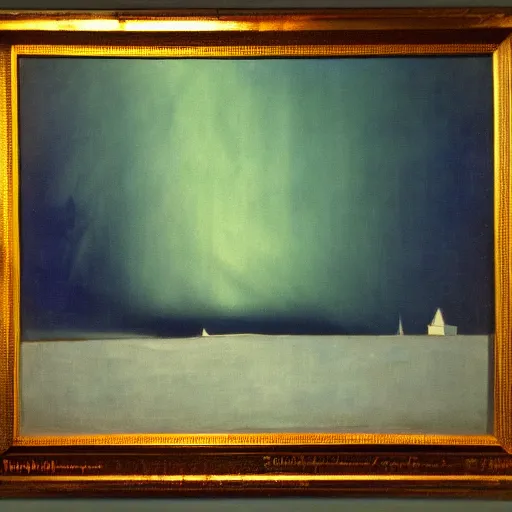 Image similar to the epic abstract painting'blue arctic void with black and red aurora borealis above a tiny inuit village ', by caspar david friedrich!!!, by rothko!!!, stunning masterpiece, trending on artstation