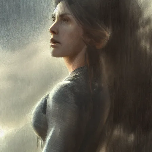 Image similar to portrait of mercenary's wife young beautiful woman standing on primeval waters, dynamic lighting, cinematic, establishing shot, extremely high detail, photo realistic, cinematic lighting, oil painting, intricate line drawings