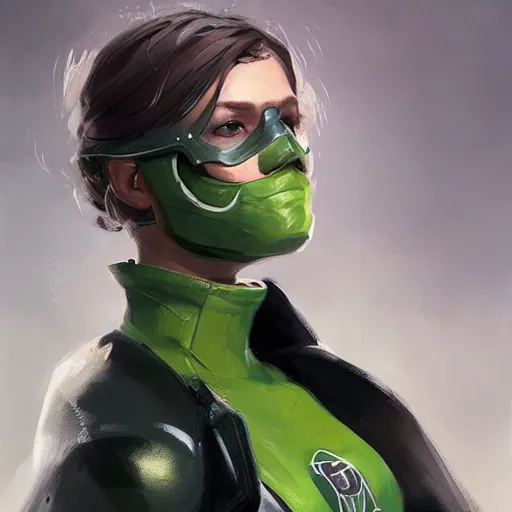 Image similar to portrait of a female superhero by greg rutkowski, she looks like thomasin mackenzie, she is wearing a black and green kevlar gear with a cape, highly detailed portrait, digital painting, artstation, concept art, smooth, sharp foccus ilustration, artstation hq