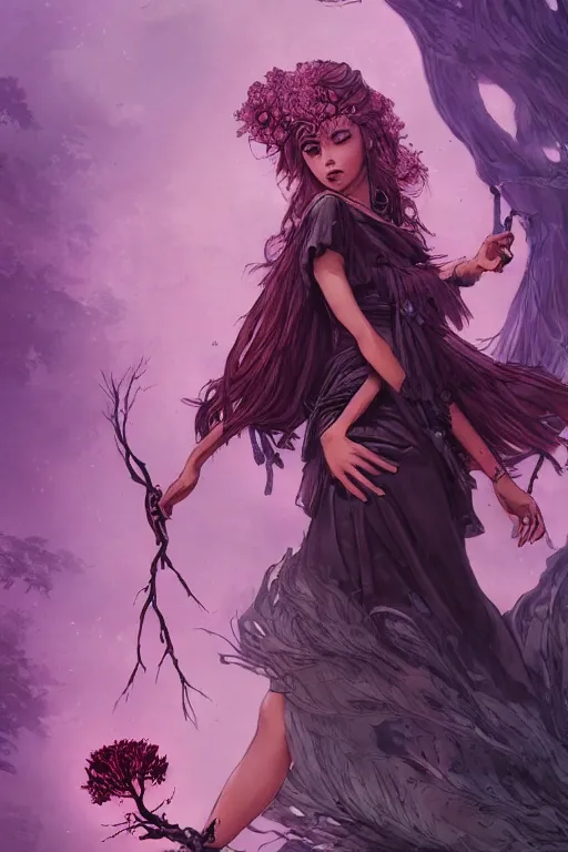 Image similar to a highly detailed tarot card of A beautiful woman, with medium length magenta hair covering an eye, and a tall tree, and large obsidian crystals, cinematic lighting, dramatic atmosphere, by Dustin Nguyen, Akihiko Yoshida, Greg Tocchini, Greg Rutkowski, Cliff Chiang, 4k resolution, trending on artstation