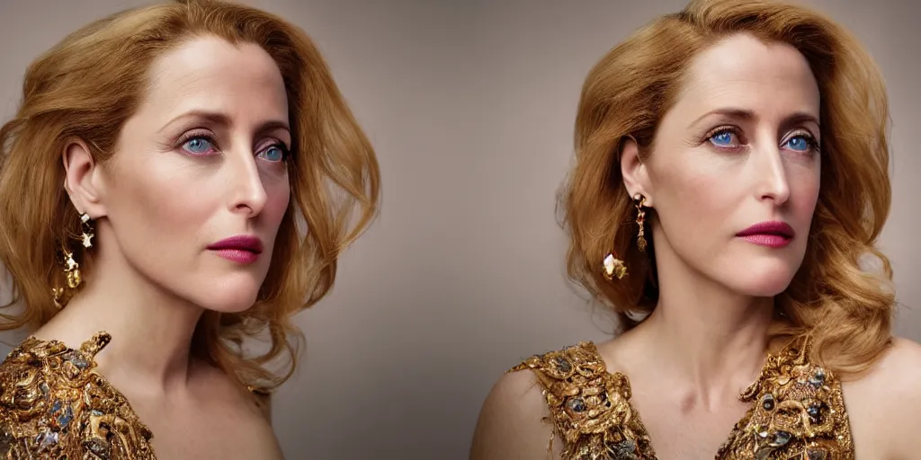 Image similar to gorgeously dreamlike beautiful face Gillian Anderson, hair updo, balayage, natural make-up, luxurious ornate golden jewelry, earrings, low cut dress, dynamic lighting, award winning photo shoot, intricately detailed, glimmering, shining, photo realistic, cinematic, volumetric lighting, fashion portrait, 8K UHD