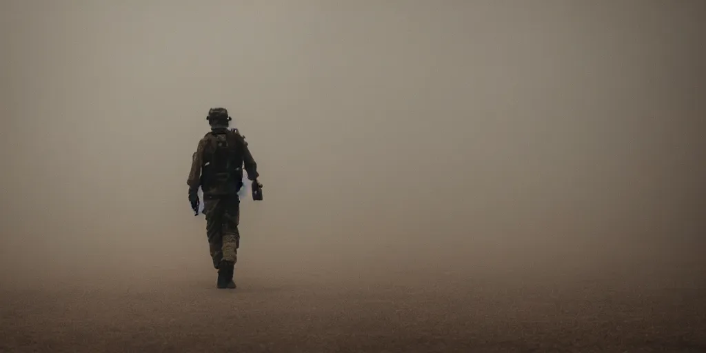 Image similar to a lone soldier walking from behind, cyan and red background, smoke