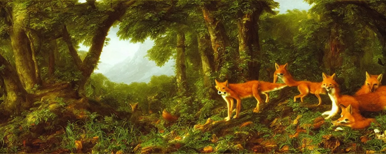 Image similar to foxes in the forest, by thomas cole