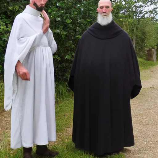 Prompt: super tall breton monks looking like rasputin, with small village woman