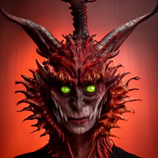 Prompt: a demon inspired by dragons created by the make up artist hungry, photographed by andrew thomas huang, cinematic, expensive visual effects