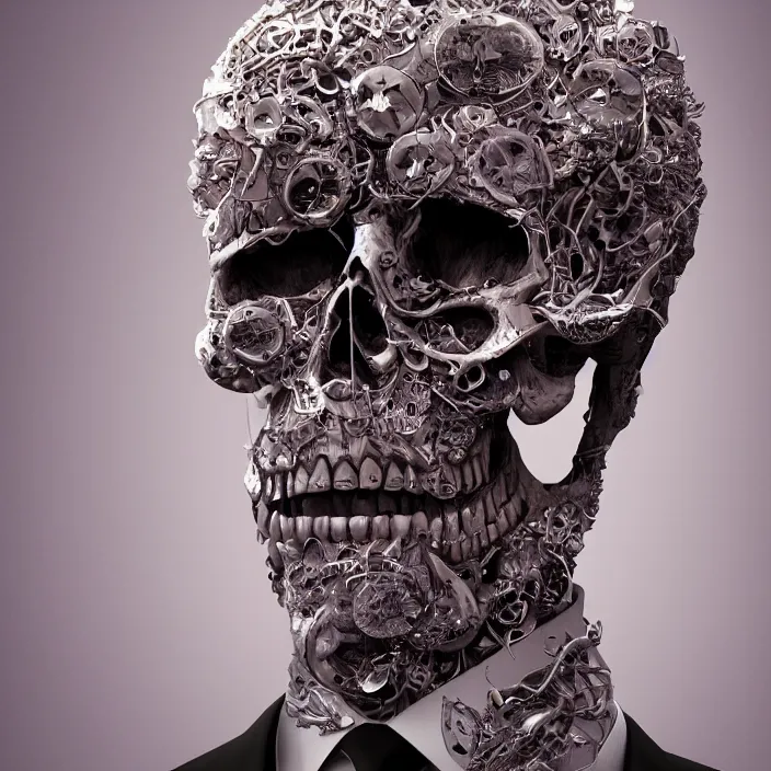 Image similar to portrait of a skull in a suit. intricate abstract. intricate artwork. nightmare fuel. by Tooth Wu, wlop, beeple, dan mumford. octane render, trending on artstation, greg rutkowski very coherent symmetrical artwork. cinematic, hyper realism, high detail, octane render, 8k, iridescent accents