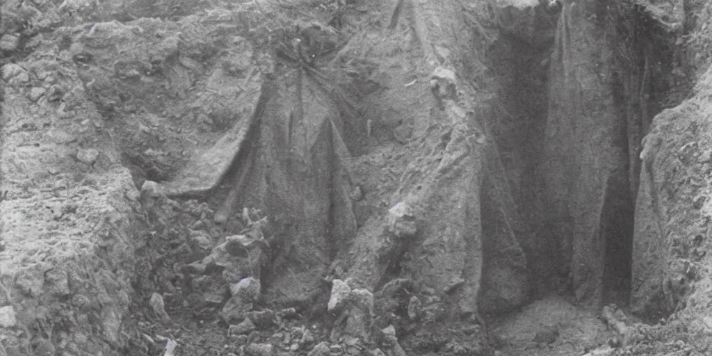 Image similar to scary unproportionable tall ghost creature in the middle of a trench, 1900s picture