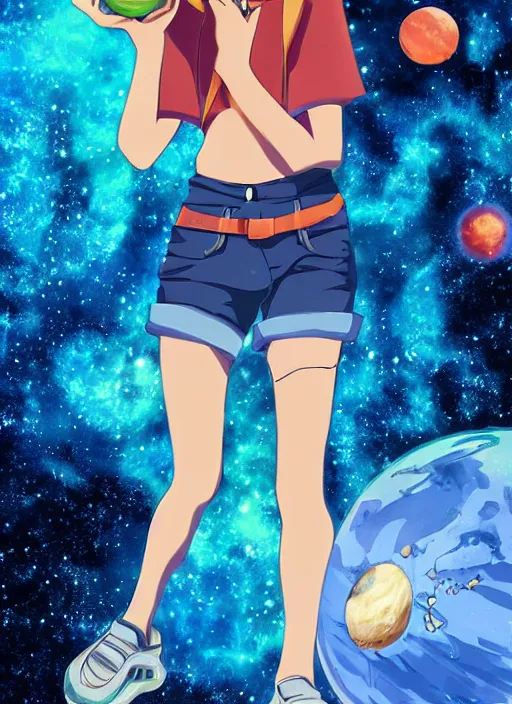 Image similar to an anime in outer space holding a small blue earth in her hand, wearing jean shorts and tank top, no other planets, digital art, anime