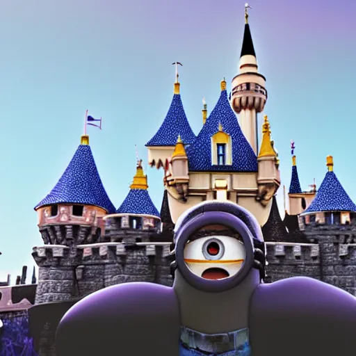 Image similar to minion in front of the disneyland castle, photo realistic, 4 k