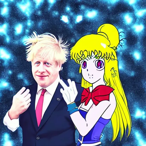 Image similar to boris johnson wearing a sailor moon costume in the style of sailor moon the anime, digital art, colourful, sparkly