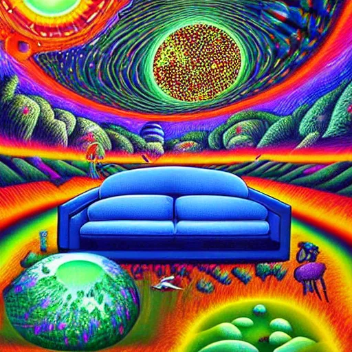 Prompt: psychedelic trippy couch in forest, planets, milky way, sofa, cartoon by rob gonsalves