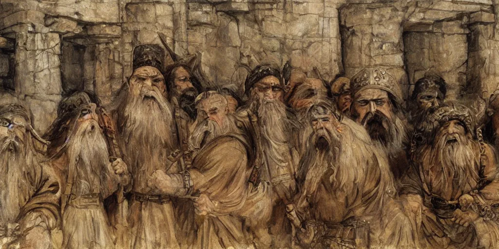 Image similar to sumerian underground city ancient dwarves, drawn by viktor vasnetsov, beautiful faces, symmetrical faces dwarven dungeons, cities of mesopotamia, moriya, oil painting, harsh fairy tale, soft style, hyperrealism, beautiful, high resolution, trending on artstation,